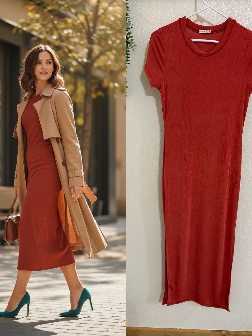 Heart Hips Rust Orange Bodycon Midi Dress Side Slit Small